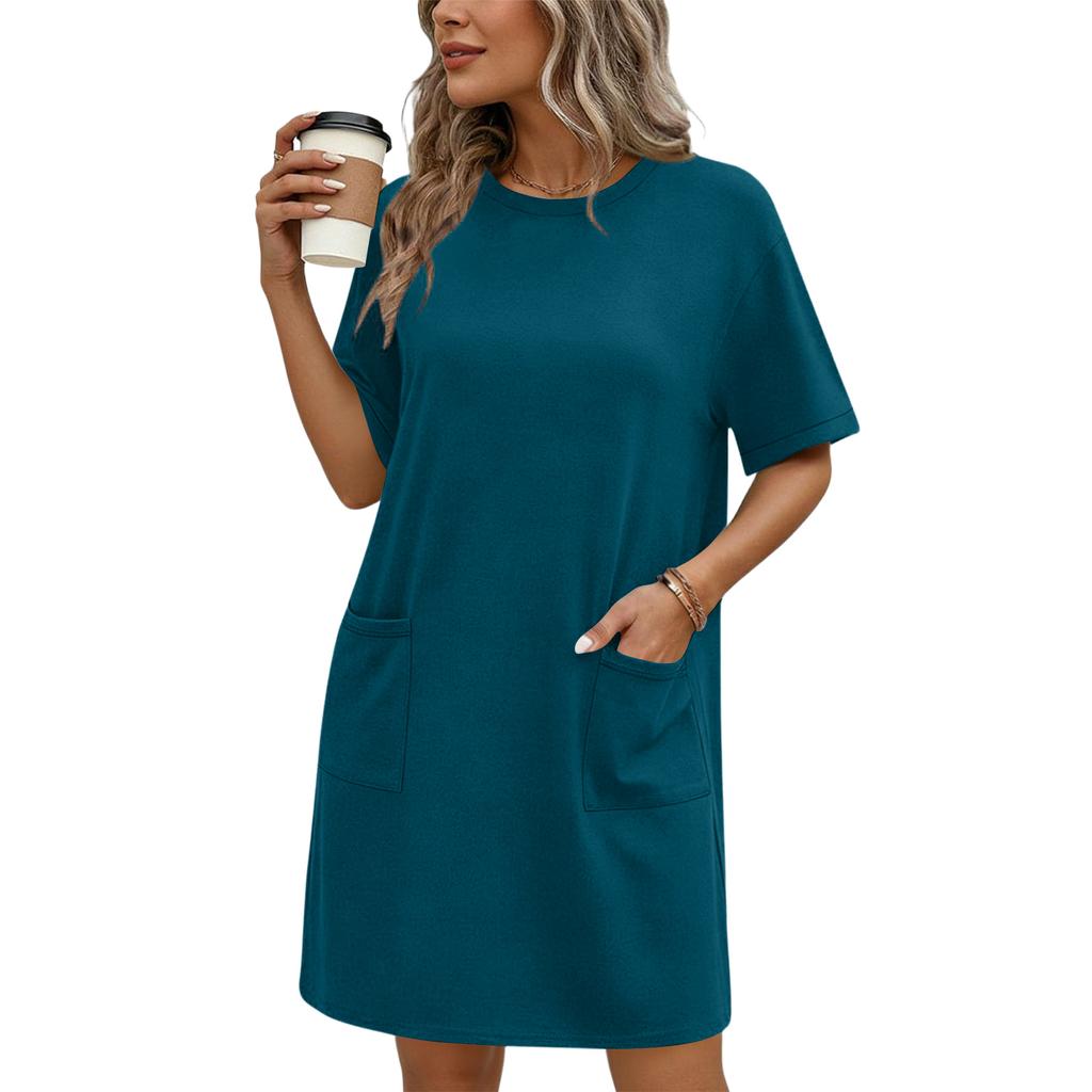 Women's Fashionable Loose-Fit Short-Sleeve Pocketed Loungewear Casual Dress