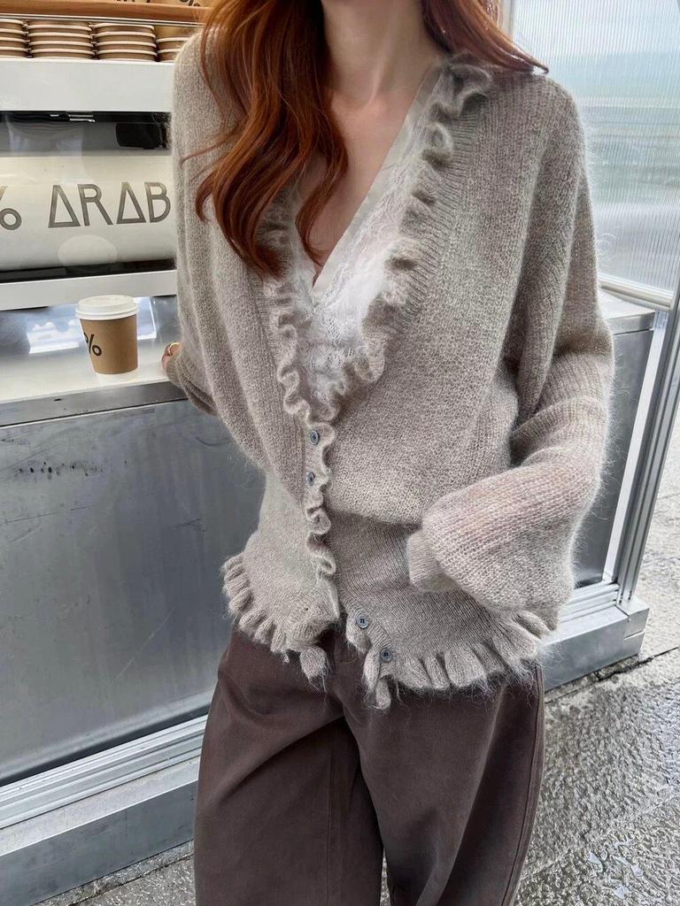 2025 Autumn/Winter Women's Korean V-neck Loose Ruffle Cardigan with Waist-cinching Slimming Knitwear