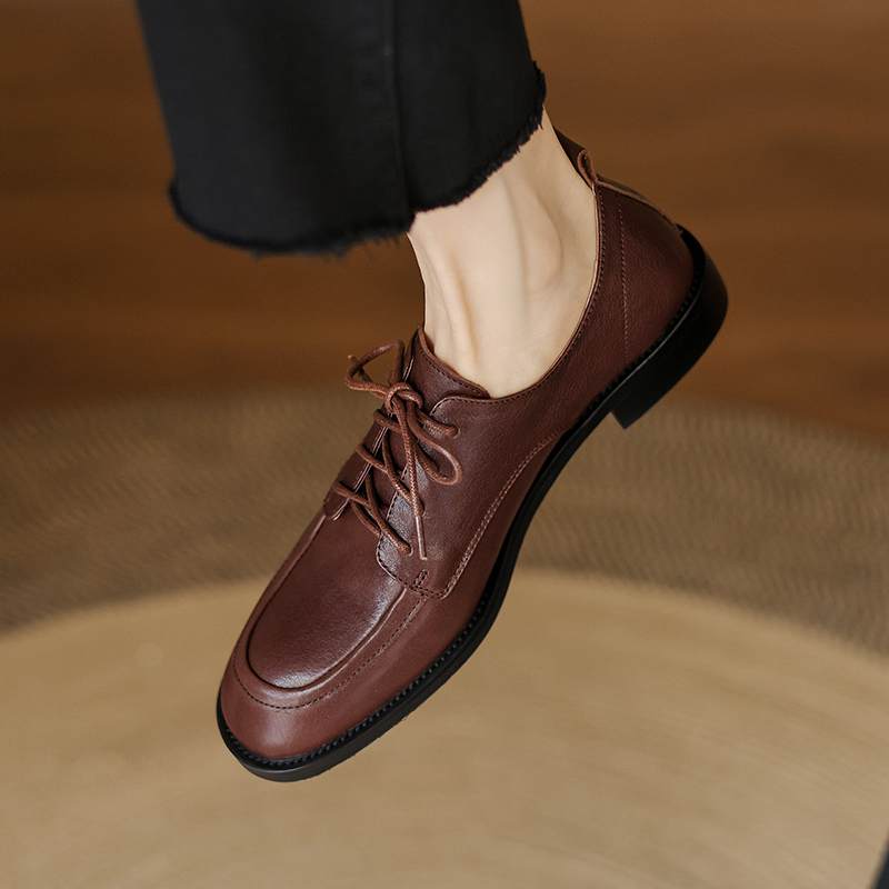 Krazing Pot Cow Skin Autumn Winter Brogues Shoes Lace Up Low Heels Size 42 Round Toe Oxford Shoes Deep Mouth Pumps