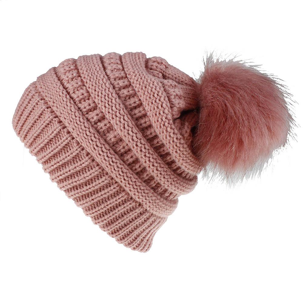 Gorro de punto trenzado de Color sólido con bola de zorro de piel sintética Otoño Invierno para mujer