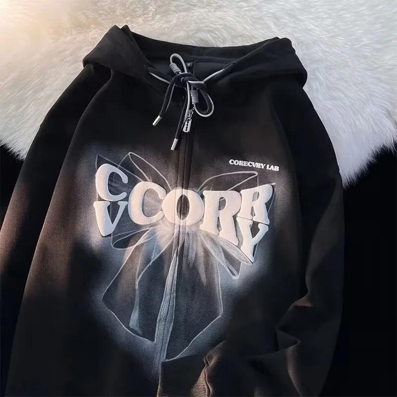 

Spring Autumn Women s Thin Sweet Cool Butterfly Knot Hoodie Women Loose Couple Open Cardigan Jacket Zipper Top Streetwear S чорний