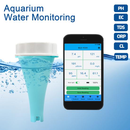 6-in-1 Smart Pool Water Tester Digital Display IP67 Waterproof Bluetooth-compatible PH/Chlorine/ORP/EC/TDS/Temperature Meter