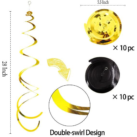 30Pc Gold and Black Party Party Swirl Decorations Foil Swirl Hanging Decoration Plastic Streamer for Ceiling 22 In