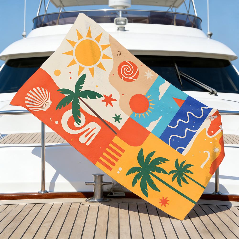 Geometric Tropical Beach Towel – Oversized Quick Dry Sand Free with Palm Tree & Sun Print for Summer