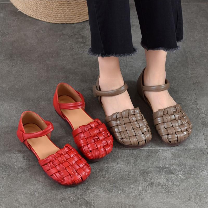 Johnature Versatile Women's Shoes Casual Genuine Leather Hand Woven Round Toe Flat Sandals