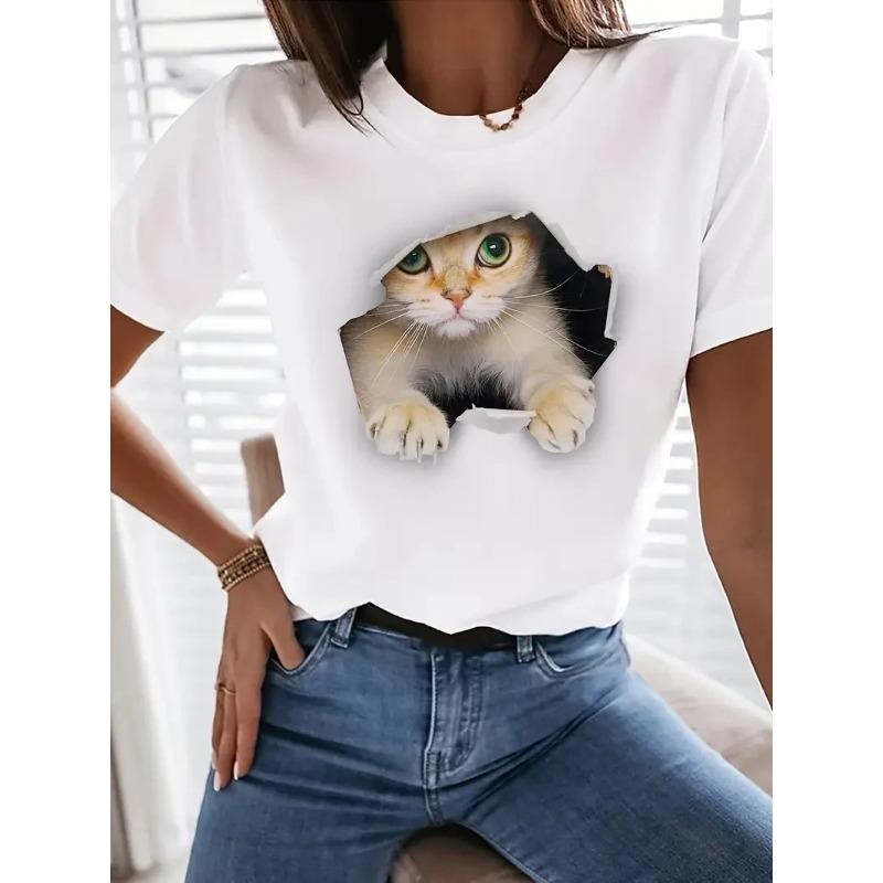 

Cute Cat Print Crew Neck T-Shirt, Casual Short Sleeve T-Shirt for Spring & Summer, Women s Clothing Women Clothing Tops Harajuku M