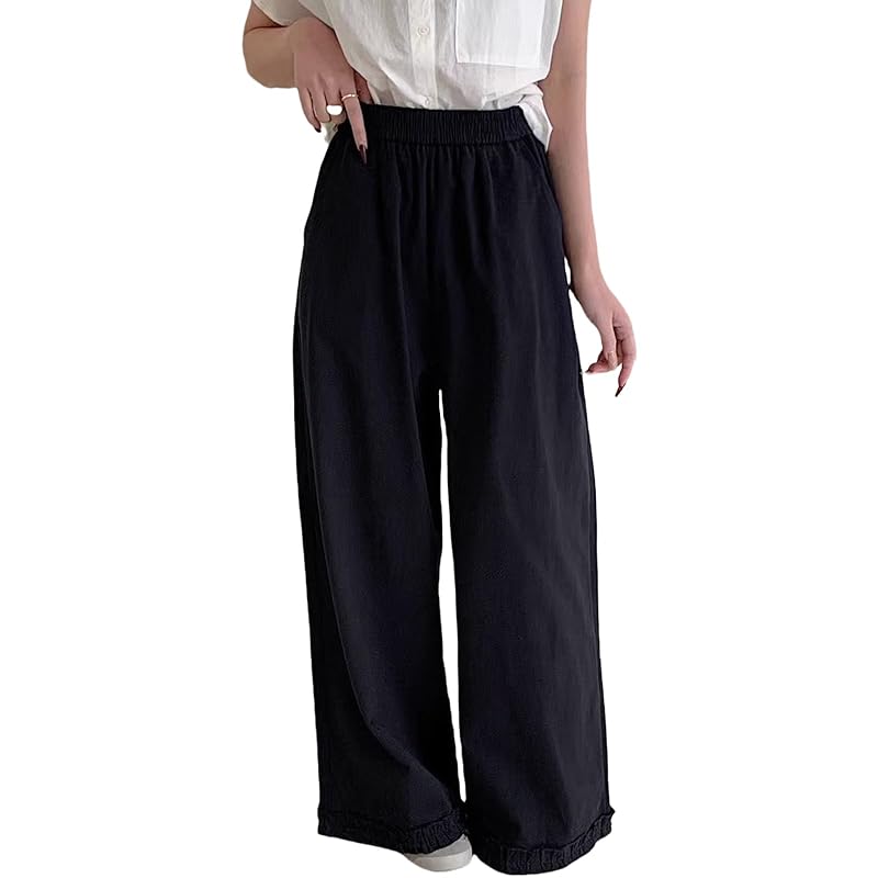 

[7-livehouse] wide pants ladies pants gaucho pants Plain color long pants high waist straight pants large size casual pants Beautiful frills Relaxing