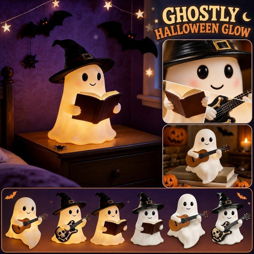 Halloween Ghost Guitar Reading Night Light Cute Ghost Book Lamp Gift Desktop Home Decor Ornament for Table Shelf Office