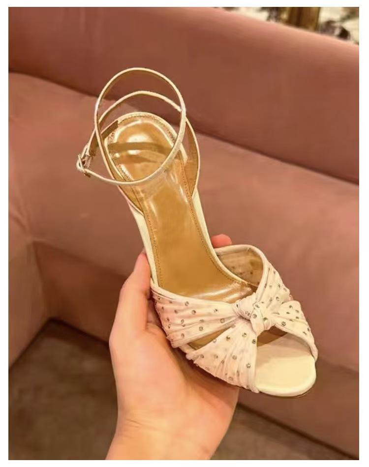 Fashion 2025 Summer New Sexy Rhinestone Bling Bling Sandals Stiletto High Heels Women's Mesh Knotting Slingback Open Toe Buckle Sandals