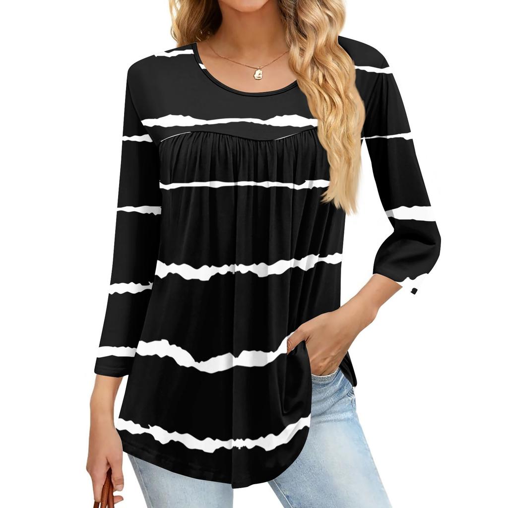 Women's Fashion Casual Three-quarter Sleeve Printed Round Neck Top