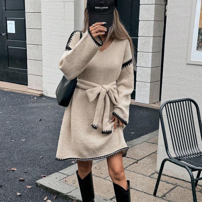 Women Lazy Style Lace Up Waist Loose V Neck Long Sleeve Midi Knit Dress