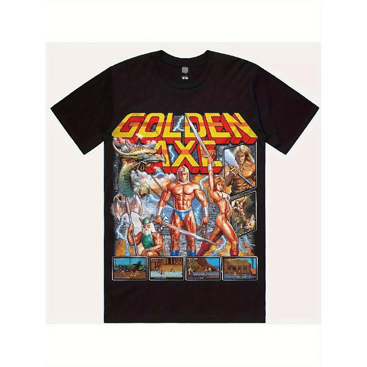 Men S Vintage Golden Axe Arcade Game T-Shirt - Classic 80S And 90S Video Game Graphic Tee Featuring Golden Axe Characters - Comfortable 100% Loose S чёрный