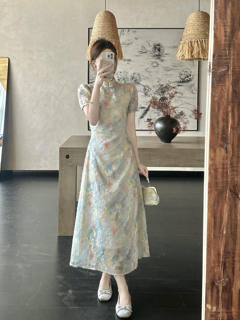 2026 Summer Floral Print Qipao Dress - Slimming Waist, Gentle Style Women's Skirt