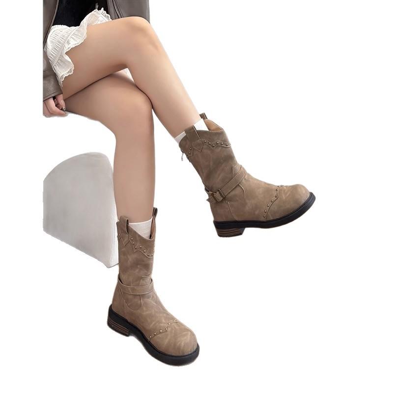 Sheepskin~ Genuine Leather British Style Retro Rivet Martin Boots Women's Western Cowboy Boots Short Boots Medium Knight Boots