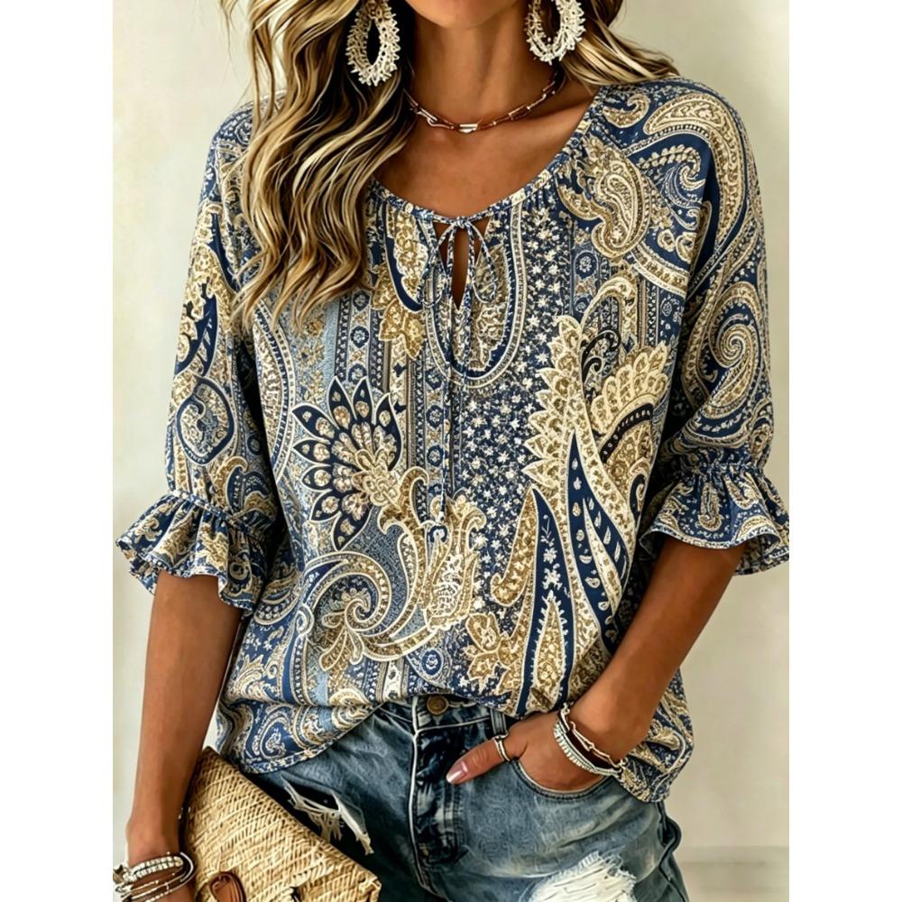 Damen Weiße Spitze Blumendruck Krawattenhals Bluse, Lässige Lockere Oberteile für Frühling Sommer Tägliche Kleidung & Urlaubsanlässe