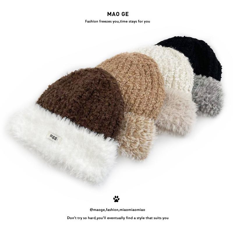 Cat Brother Korean Style Knit Hat: Color Block Plush, Warm Wool, Women's Large Head Circumference