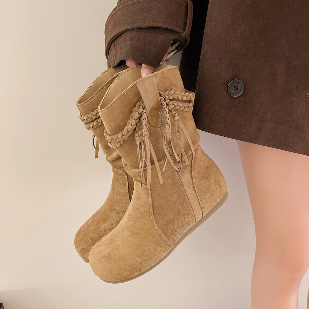 New Style Pleated Stack Boot Women's Fall Round Toe Suede Cover Foot Woven Strap Non-slip Block Heel Mid-leg Boots Zapatos Mujer