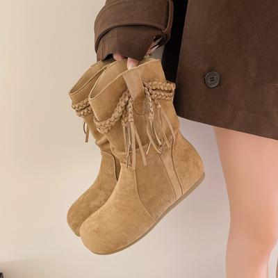 Fashion New Style Pleated Stack Boot Women's Fall Round Toe Suede Cover Foot Woven Strap Non-slip Block Heel Mid-leg Boots Zapatos Mujer