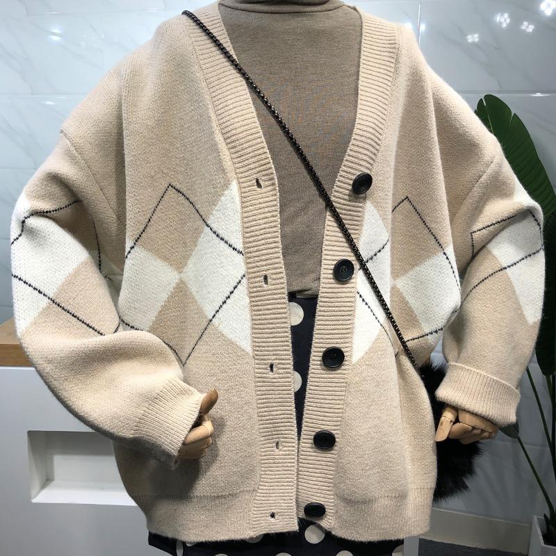 Korean Version Knitted Cardigan Women Sweater Loose V-neck Diamond Print Casual Simple Coats Autumn Winter Female College Style Long Sleeve Clothing