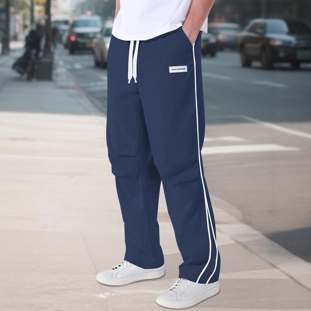 

Men Casual Pants Solid Color Breathable Loose Straight Drawstring Pants Streetwear Contrast Trim Trouser Fashion Cargo Pants Men 3XL темно-синього кольору