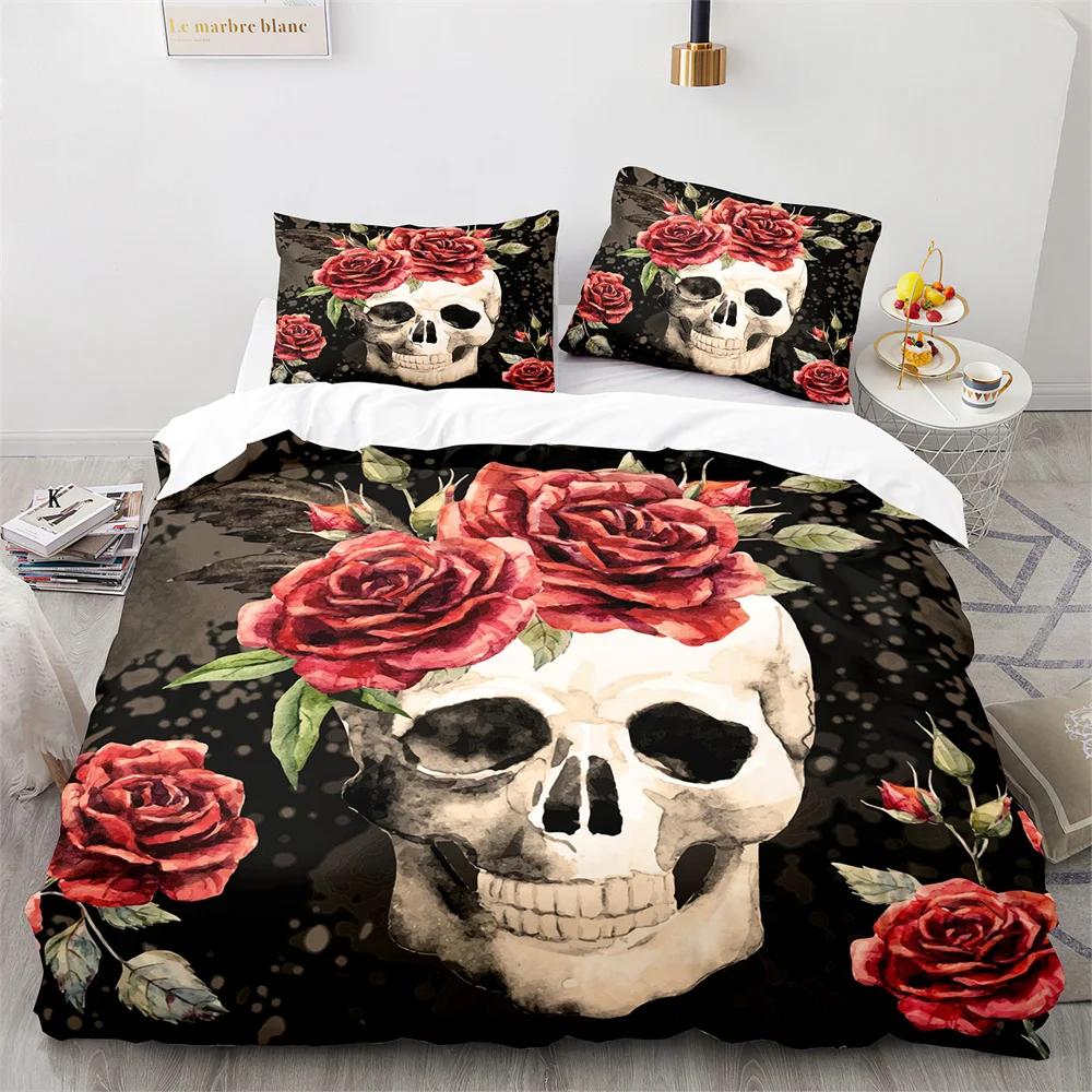 Sugar Skull King Queen Duvet Cover Gothic Skeleton Bones Floral Bedding Set Day Of The Dead Theme 2/3Pcs Polyester Quilt Cover