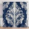 2pcs Navy Blue & White Damask Pattern Curtains - Elegant Drapery with Soft Gray Background   Luxurious Design Details   Perfect