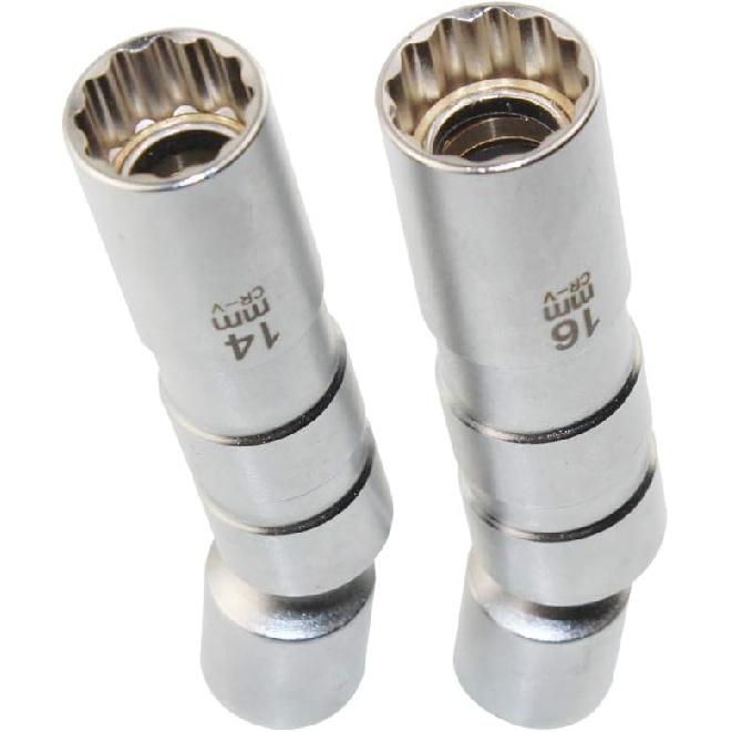 QISF 14MM & 16MM Thin Wall Magnetic Swivel Spark Plug Socket - 3/8-Inch Drive 12-Point Spark Plug Socket Removal Tool - Swivel Extension Permits