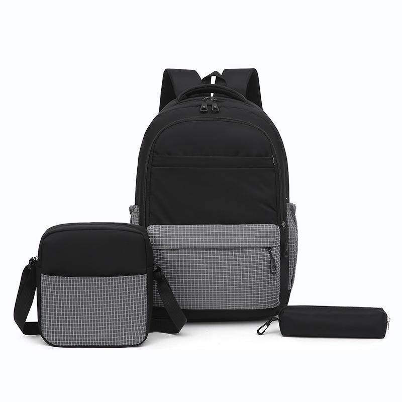 Unisex Plaid Nylon Backpack Set with Shoulder Bag and Pencil Case School Bag