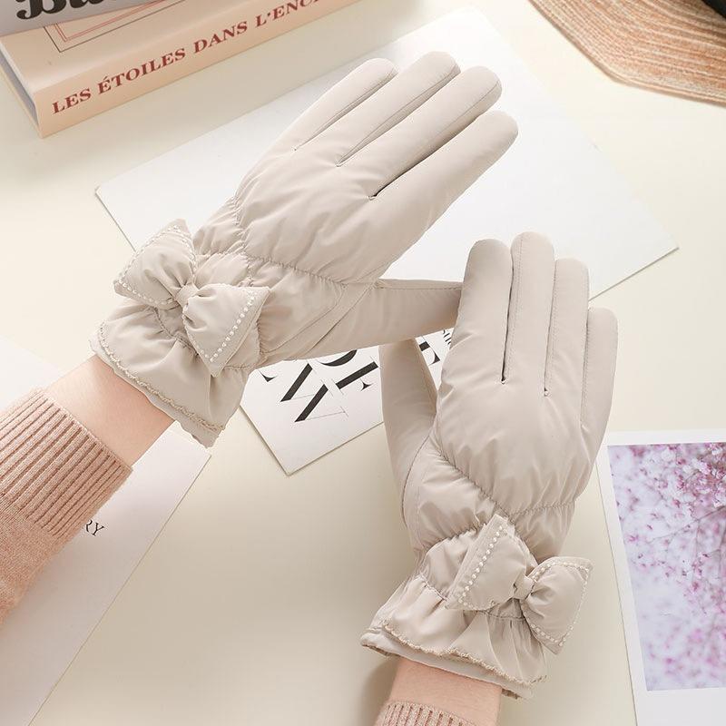 

Winter Warm Gloves Women s Outdoor Velvet Thickened Windproof and Cold-proof Cute Bow Riding Touch Screen Ski Gloves onesize бежевий