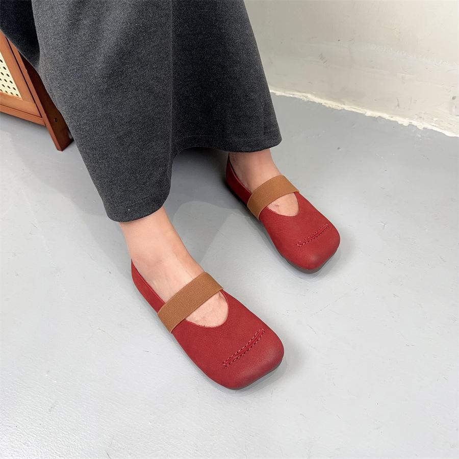 Johnature Flache Schuhe aus Rindsleder mit quadratischer Zehenpartie, Halbschuhe, echtes Leder, weiche Sohle, vielseitige Damenschuhe