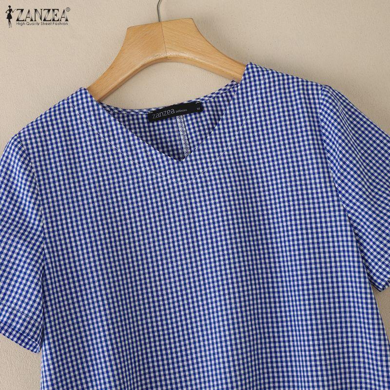 ZANZEA Women Casual V-Neck Grid Print Loose Short Sleeve Blouse