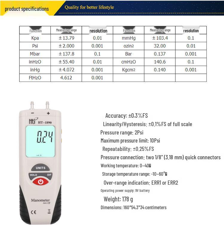 HT1890 Handheld Differential Pressure Meter for Car Repair and Pipeline Air Pressure Measurement.
