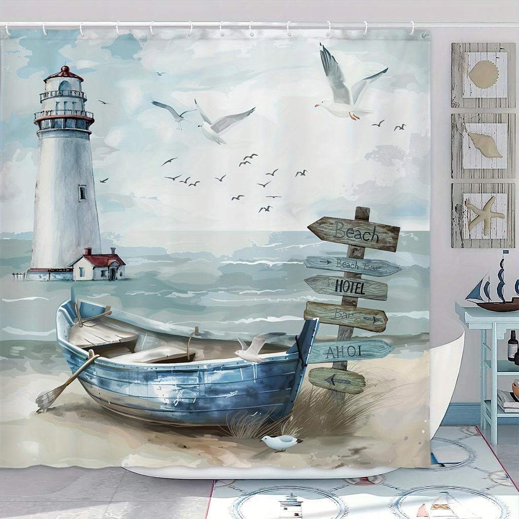 Nautical Coastal Shower Curtain, Ocean Lighthouse & Sailboat Design, Blue Teal Decor With Hooks, Bathroom & Window Use