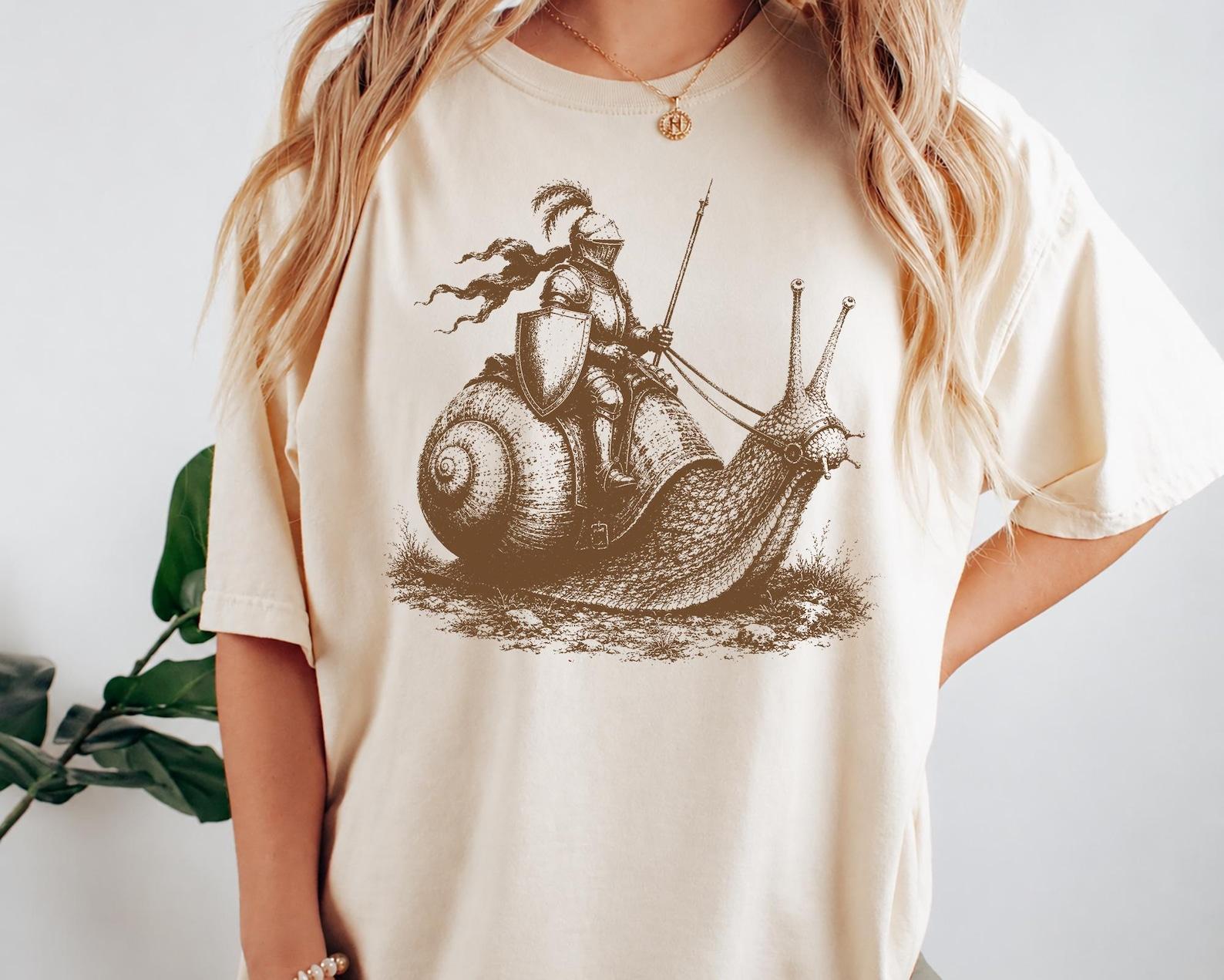 Medieval Snail Knight Shirt, Renaissance Fantasy Art Tee, Vintage Dark Academia Graphic, Funny Medieval Meme Gift L