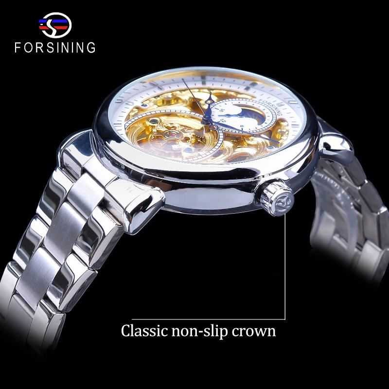 Forsining Orologio da uomo alla moda, per il tempo libero, con intagli lunari scavati e orologio meccanico scavato