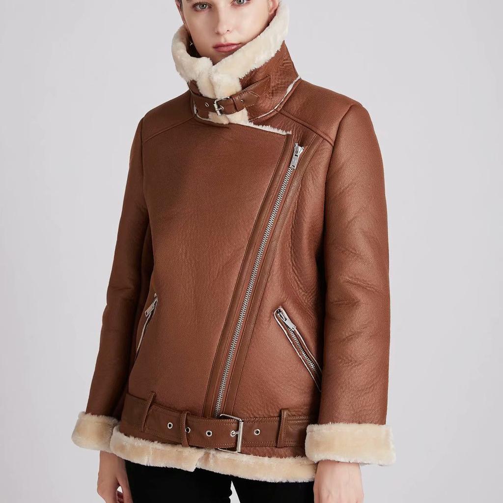 New Winter Women Fashion Leather Fur Warm Zipper Belt Buckle Stand Collar Motorcycle Short Jacket