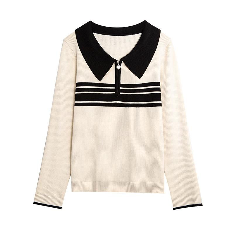 Herbst und Winter fette Schwester Halbzipper Farbblockierung Revers Gestrickter Pullover Damen Lockerer Pullover Bauchverstecker Fleischbodyshirt