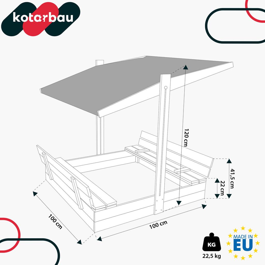 KOTARBAU® Large Wooden Sandbox with Grey Roof, Impregnated, Closed, with Benches, Brown, 100 X 100 CM