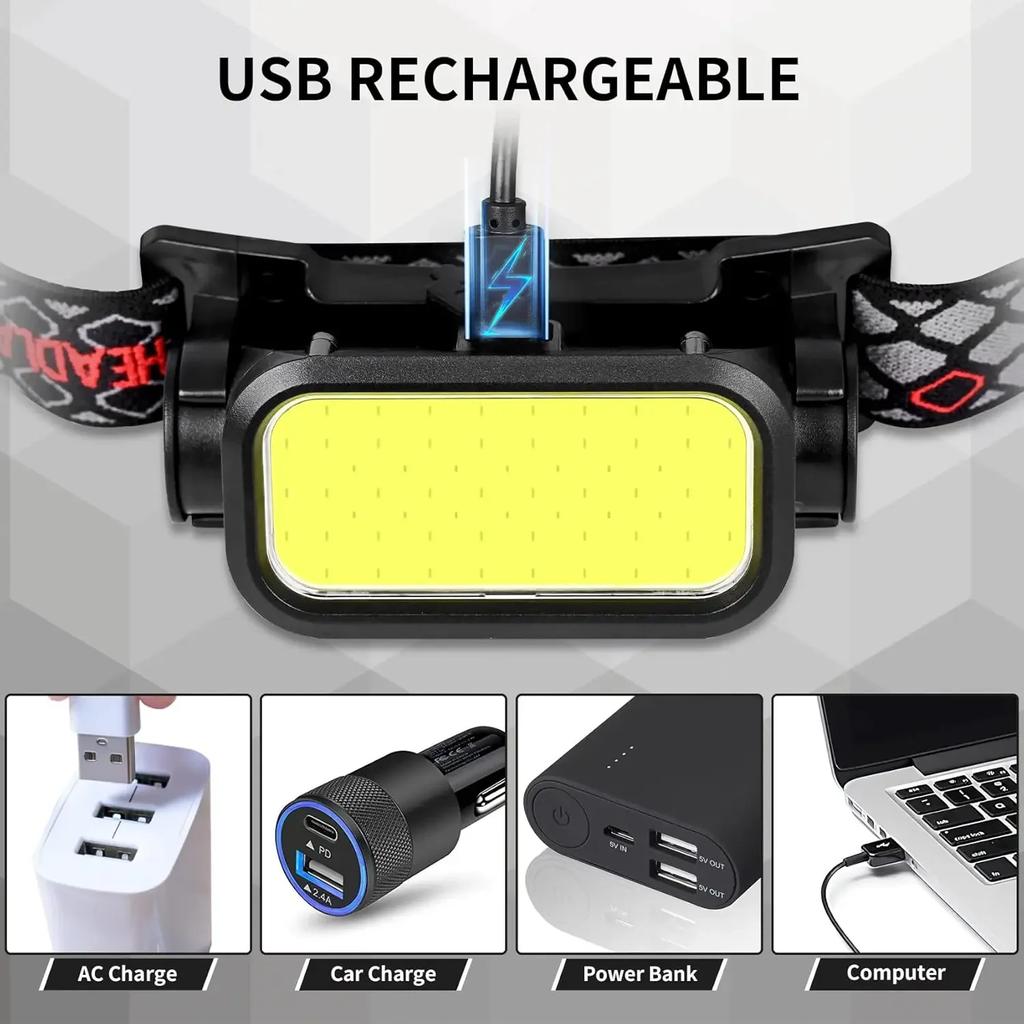 New COB LED Headlights Outdoor Household Portable Headlamp with Built-in 1200mAh Battery Flashlight USB Rechargeable Head Lamp
