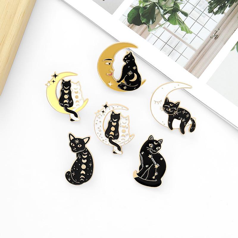 Captivating Moon Cat Design Pin Unique Alloy Brooch With Enamel Finish For Style Creative