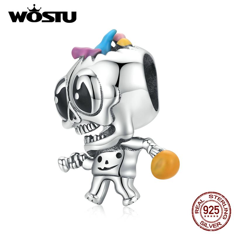 

WOSTU Хэллоуин милый трюк череп стерлингового серебра 925 пробы бусины подходят браслет ювелирные изделия 925 silver