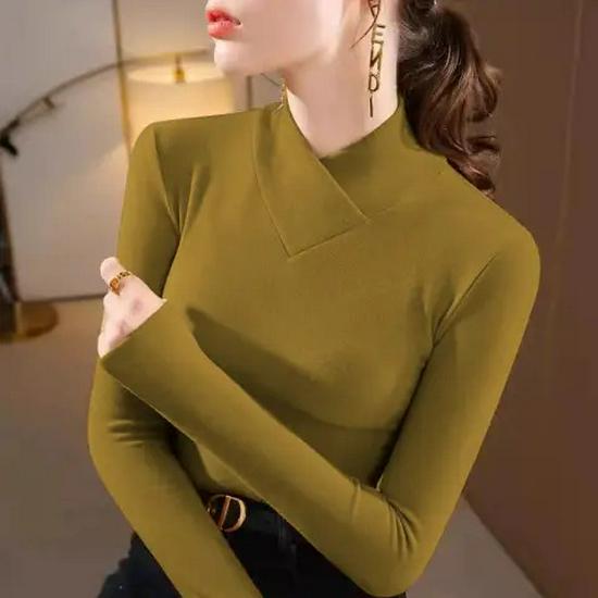 Double-sided Threaded Semi-high Neck Slim-fit Warm Base Layer Top for Women - Autumn/Winter Long-sleeve T-shirt