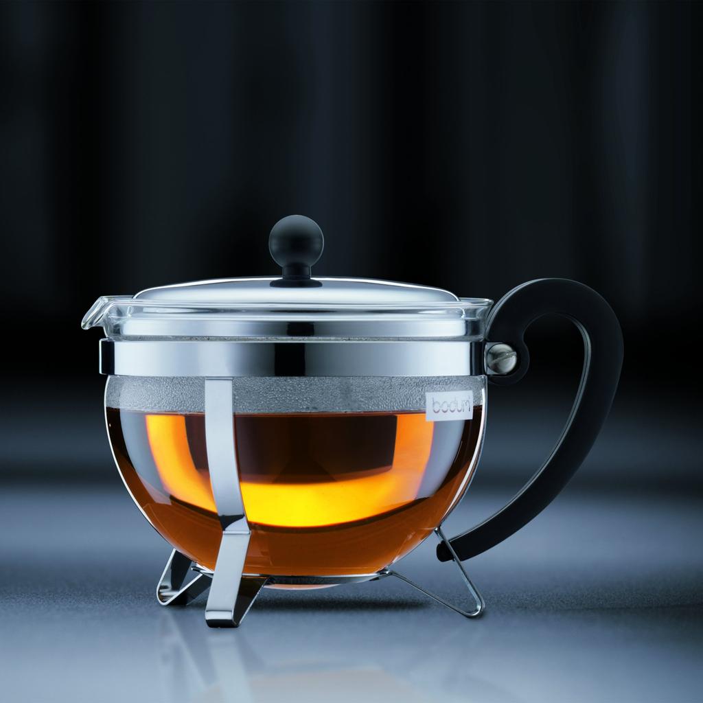 BODUM CHAMBORD Teapot, 1000ml, Silver, for Black Tea, Green Tea, Chinese Tea, Herbal Tea, and Fruit Tea, Stainless Steel Filter, Glass Beaker,