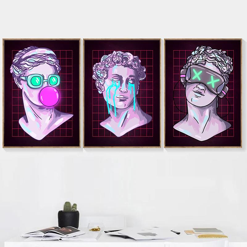 Neon Effect Vaporwave Glitch Sculpture Posters Print Canvas Painting Abstract Wall Art Picture For Modern Living Room Home Decor