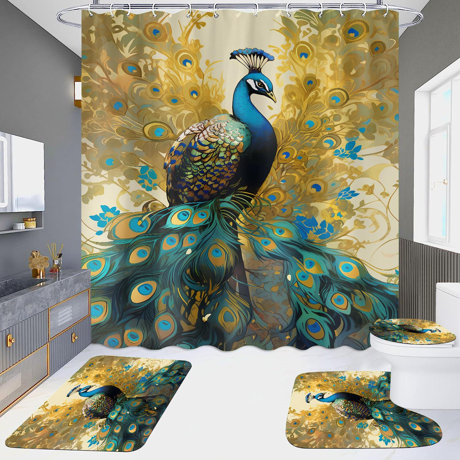 

HD занавеска для душа, набор из четырех предметов, водонепроницаемая без дырокола, ванная комната, отель, туалетная перегородка, занавеска Павлин Only curtain 180x200