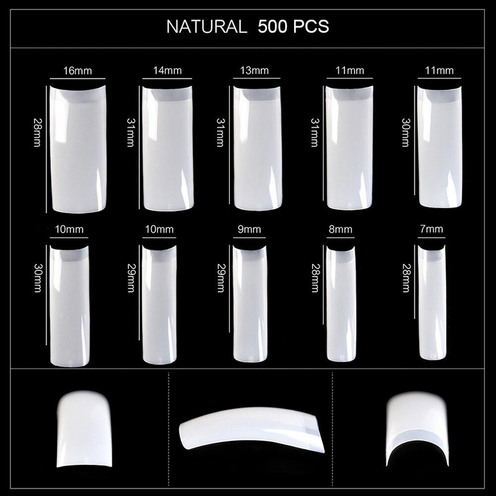 kads 500pcs Long Square Half Cover False Nail Tips No-Crease White Nature Clear 10 Sizes Nail Art Tools Manicure Fake Nails