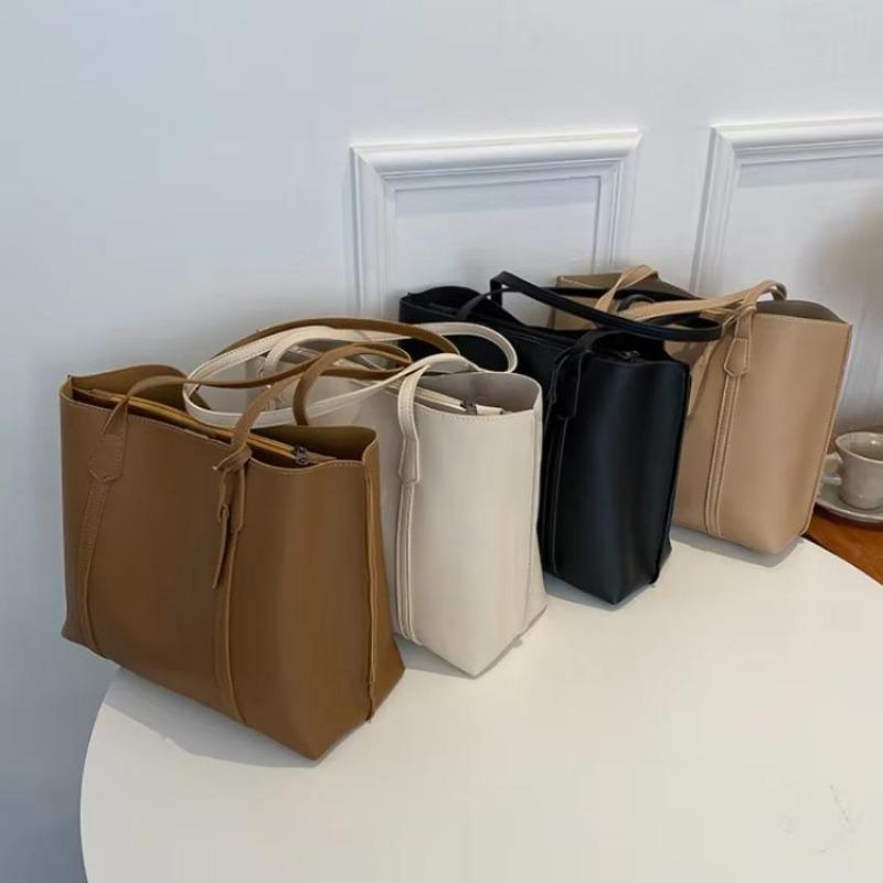 1 Pcs PU Leather Underarm Bag Simple Women Large Capacity Bag Shopping Travel Elegant Unisex Tote Bags Trend Retro Solid Color