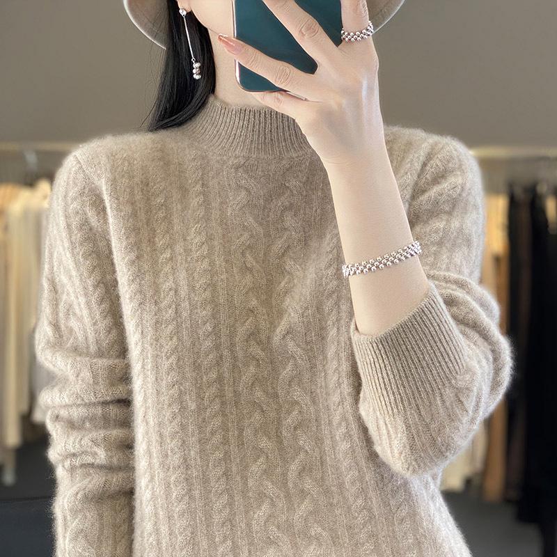 Autumn/Winter 2025 Women's High Neck Pure Wool Cable Knit Slimming Long Sleeve Top