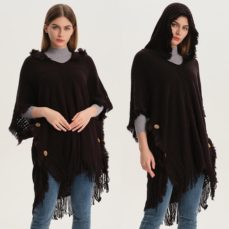 Damen Rippstrick Poncho Pullover Gestrickter Umhang mit Kapuze Lässiger Kapuzenponcho mit Fransen Gestrickter Pullover Pullover für Damen Schal Mantel Wickel Umhang