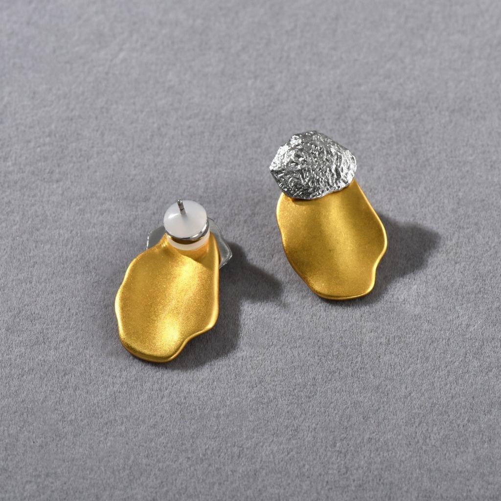 Spring Gold And Silver Color Matching Irregular Texture Pattern Round S925 Silver Needle Earrings Niche Personalized Earrings